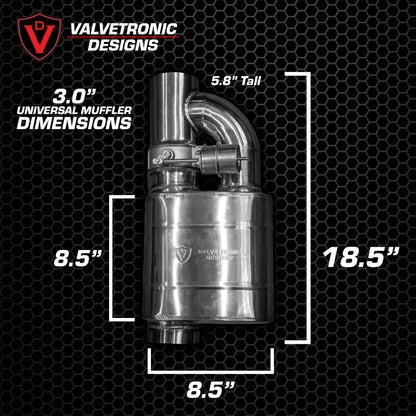 Dimensions for Single Inlet Dual Outlet Valved Muffler Kit 3.0 inch exhaust pipe universal fit Mercedes W205 W213