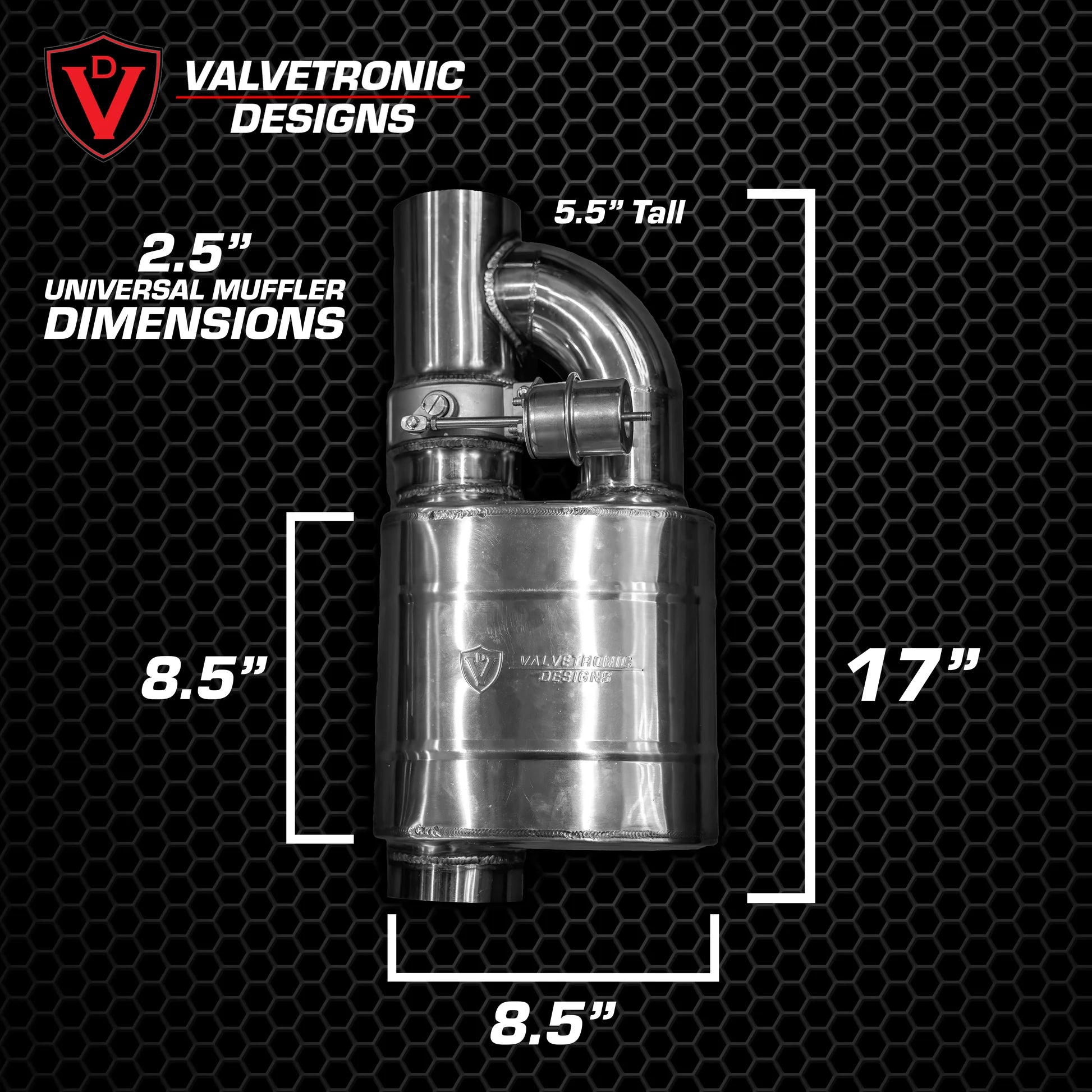 Dimensions diagram for Single Inlet Single Outlet Valved Muffler Kit 2.5 inch pipe size Valvetronic Designs