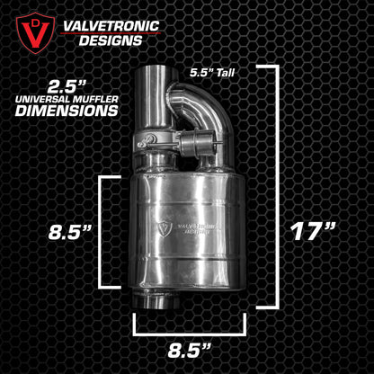 Dimensions diagram for Single Inlet Single Outlet Valved Muffler Kit 2.5 inch pipe size Valvetronic Designs