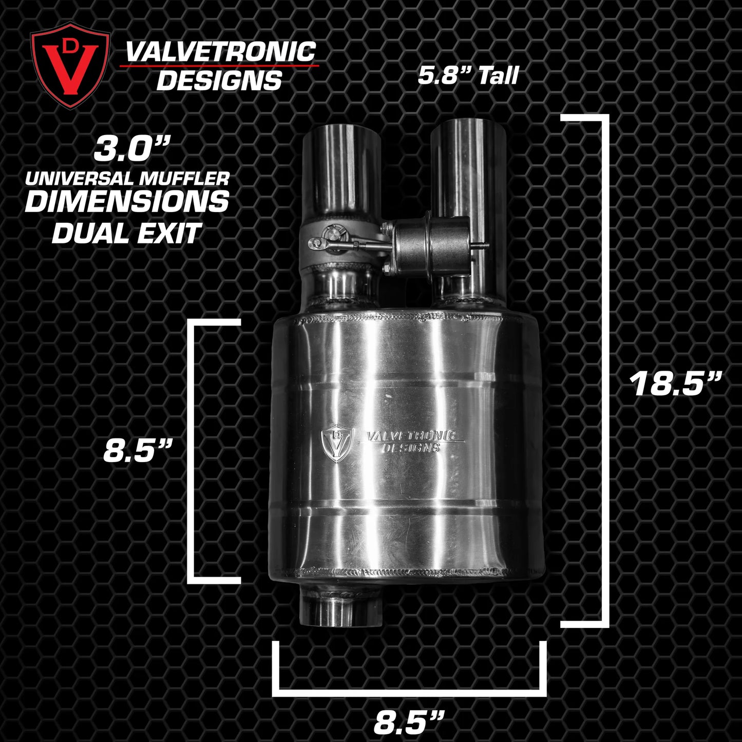 T-Style Valved Muffler Kit dimensions 3.5 inch 89mm pipe Valvetronic Designs reversible exhaust