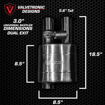 T-Style Valved Muffler Kit dimensions 3.5 inch 89mm pipe Valvetronic Designs reversible exhaust
