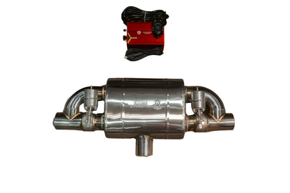 Installed view of universal valved muffler kit with TIG welds and mounting hardware for Mercedes non-Performance exhaust