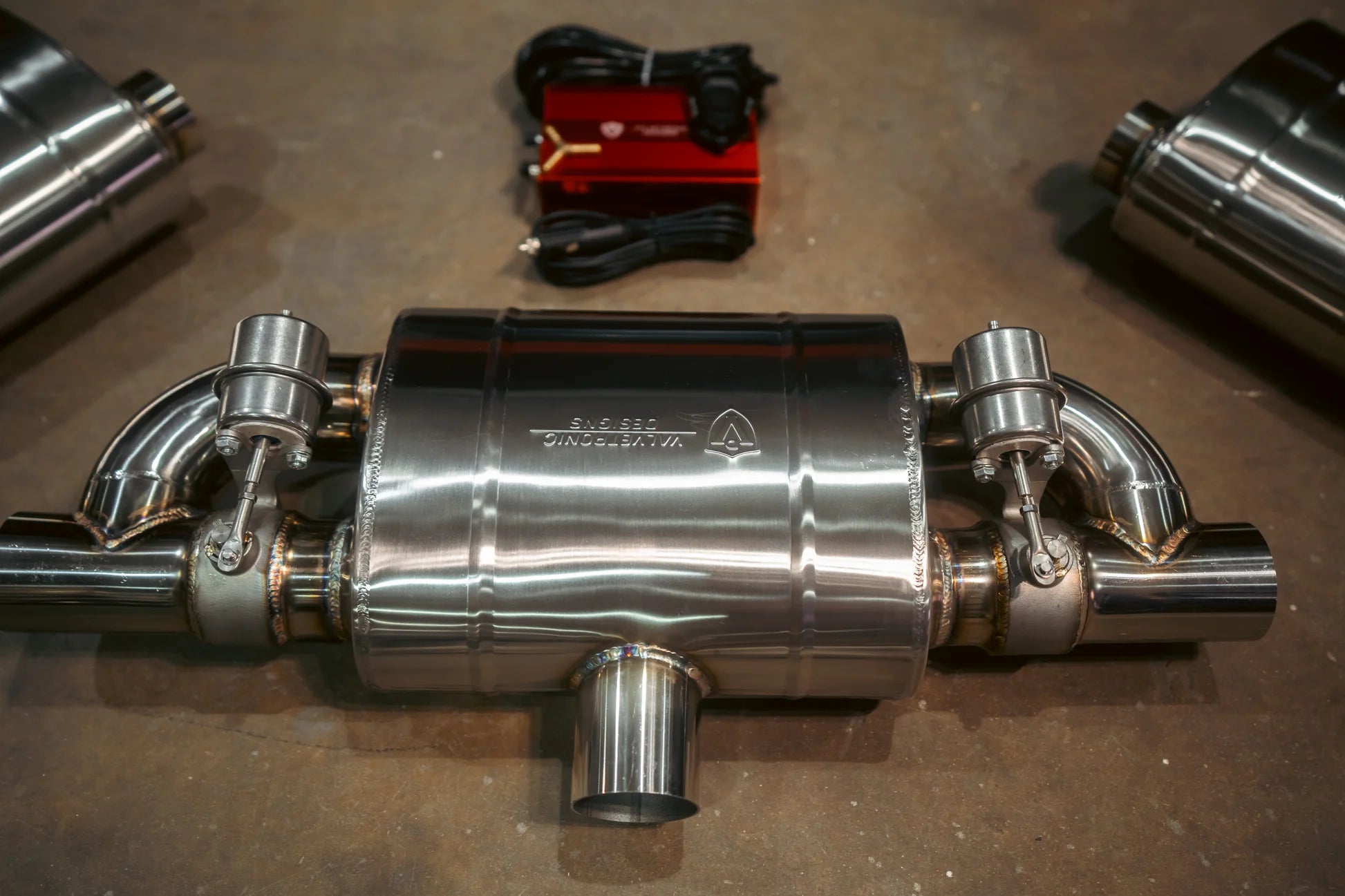 Multiple angle views of Universal Valved Muffler Kit stainless steel construction for Mercedes C300 E300 non-AMG upgrade