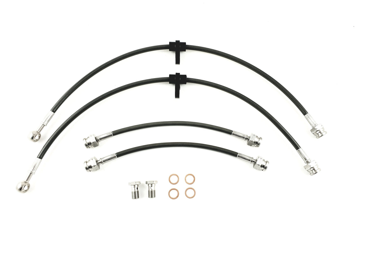 Kit contents for Mercedes W204 brake line upgrade — four stainless braided hoses with stainless banjo bolts and copper crush washers