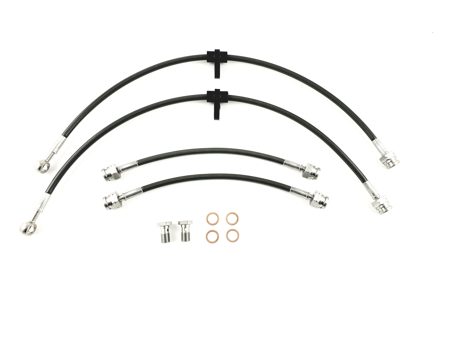 Kit contents for Mercedes W204 brake line upgrade — four stainless braided hoses with stainless banjo bolts and copper crush washers