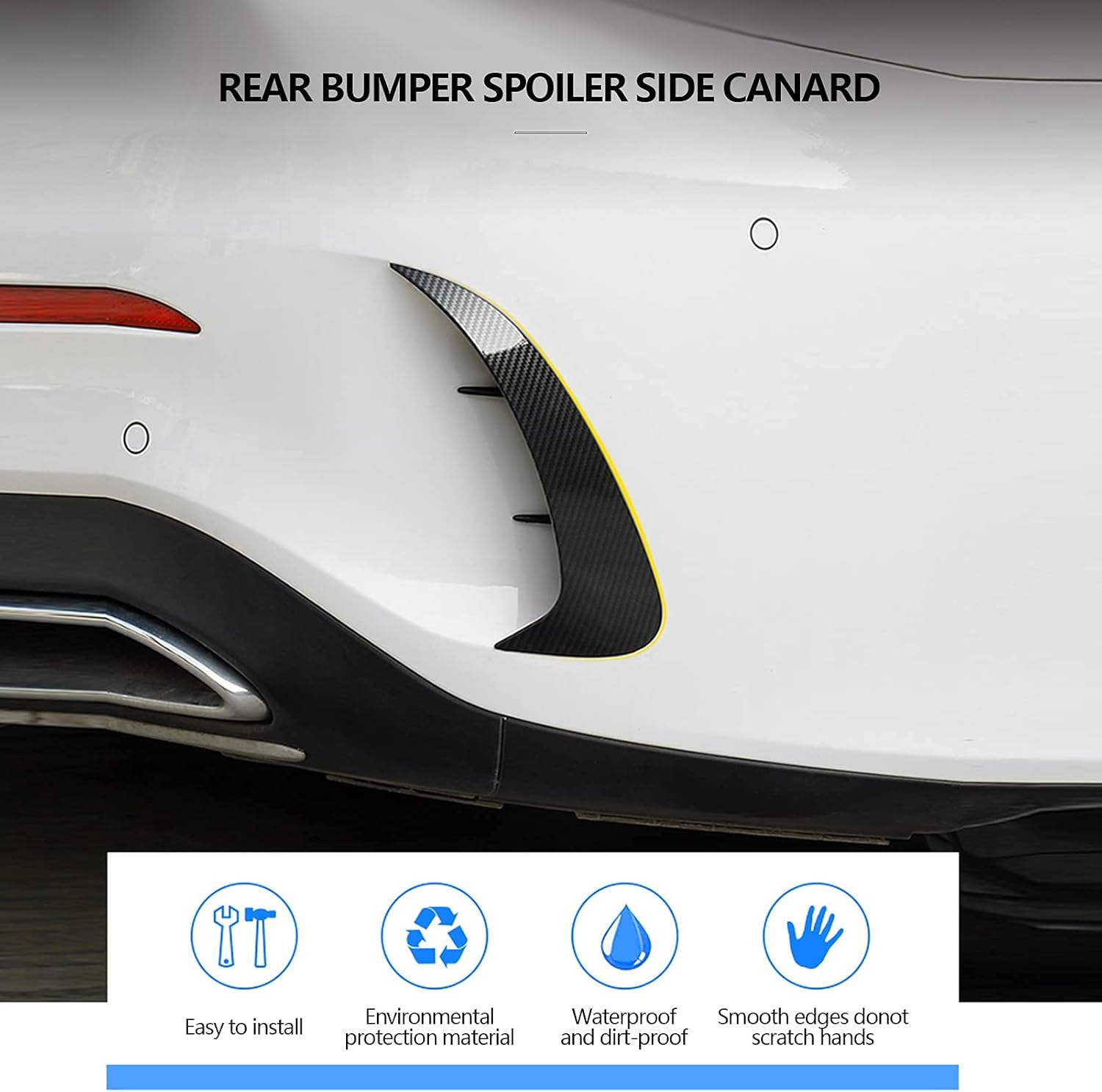 Close-up of carbon fiber rear bumper spoiler side canard installed on Mercedes W205 C43 AMG showing realistic carbon fiber pattern