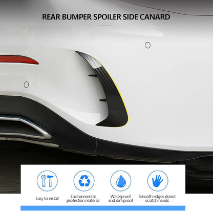 Close-up of carbon fiber rear bumper spoiler side canard installed on Mercedes W205 C43 AMG showing realistic carbon fiber pattern