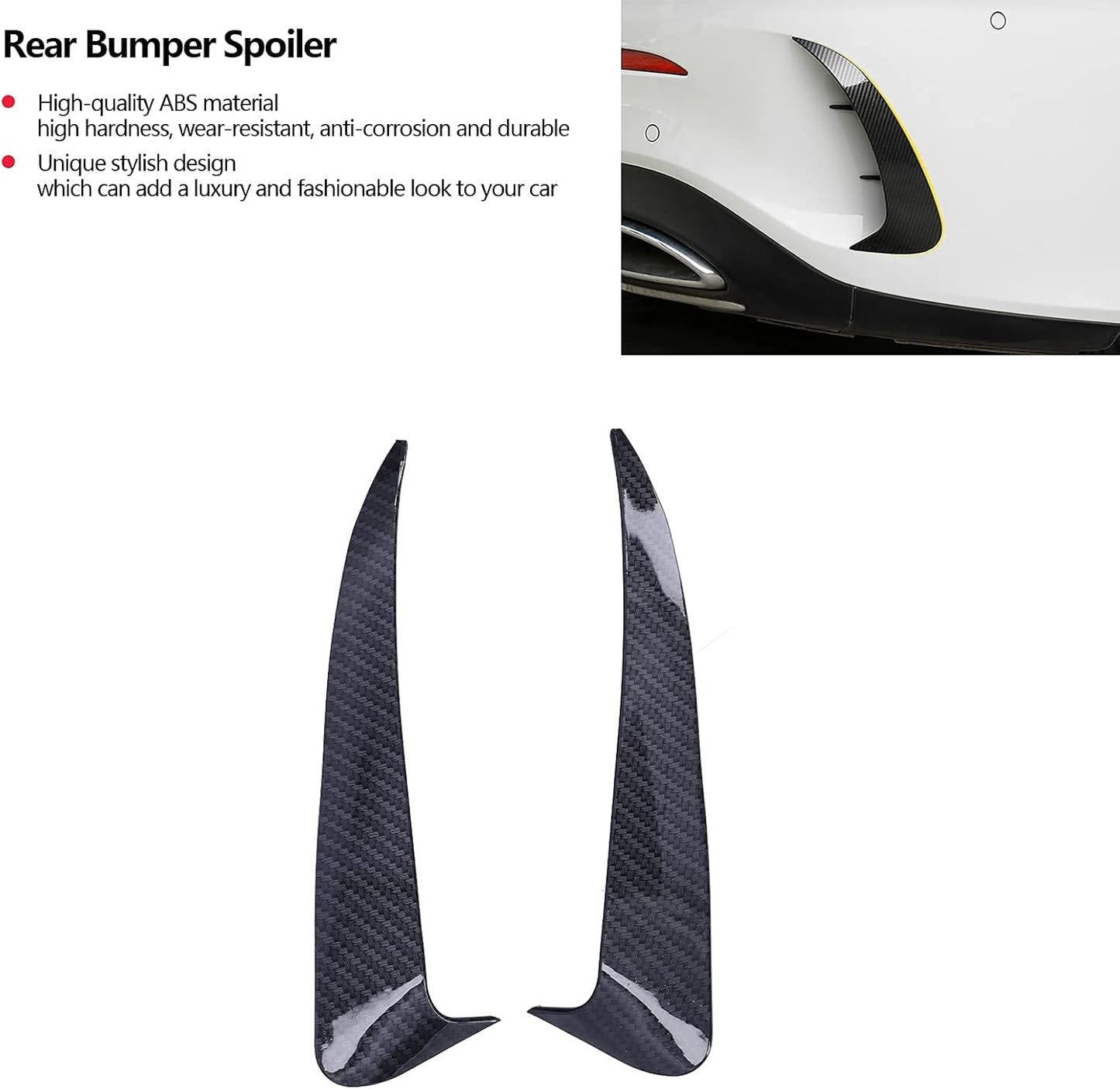 Side view of carbon fiber rear bumper spoiler canard installed on white Mercedes W205 C43 AMG showing realistic carbon fiber pattern