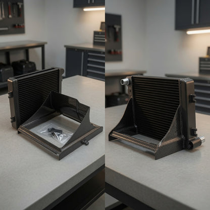 W205 C63 auxiliary heat exchanger with carbon fiber baffle and mounting bracket shown unboxed