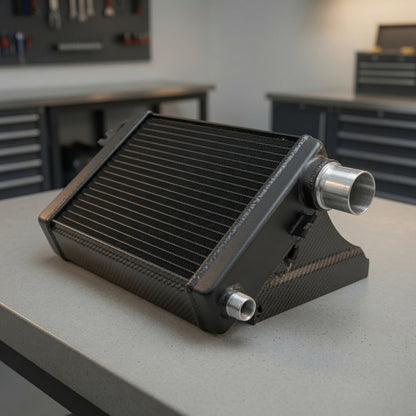 Auxiliary heat exchanger with precision carbon fiber air baffle installed - W205 C63 AMG cooling upgrade