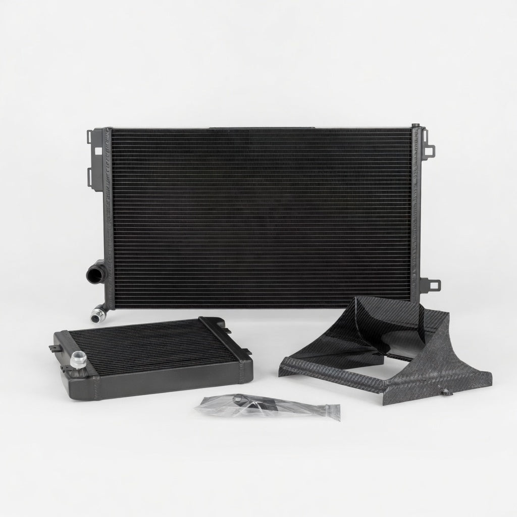 Front Mount + Auxiliary Heat Exchanger Bundle for W205 C63 & C63S AMG with carbon air baffles – full product view