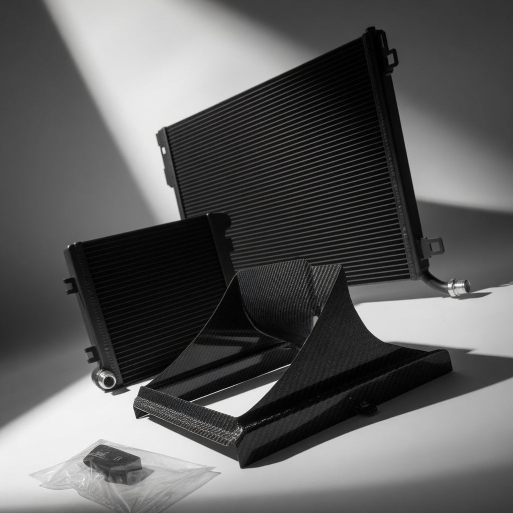 W205 C63 AMG Front Mount and Auxiliary Heat Exchanger Bundle shown in a premium angled product setup