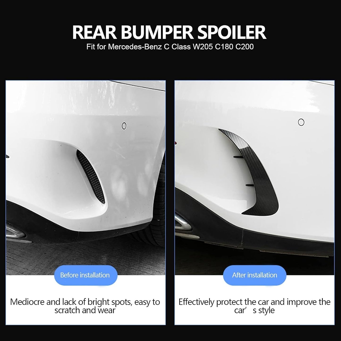 Before and after comparison of carbon fiber rear bumper spoiler installed on Mercedes-Benz C-Class W205 showing improved styling and protection