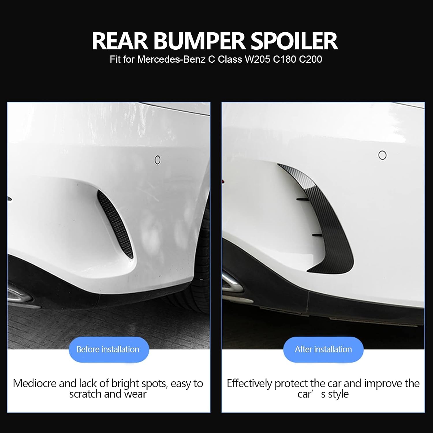 Before and after comparison of carbon fiber rear bumper spoiler installed on Mercedes-Benz C-Class W205 showing improved styling and protection
