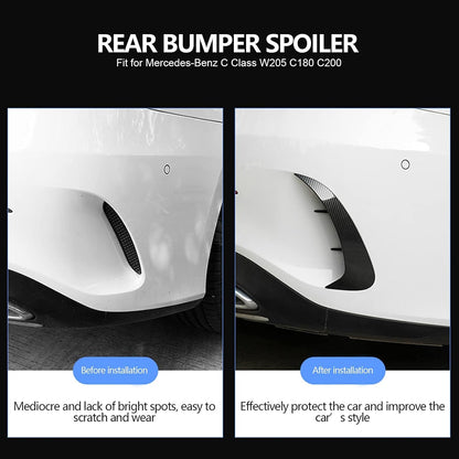 Before and after comparison of carbon fiber rear bumper spoiler installed on Mercedes-Benz C-Class W205 showing improved styling and protection
