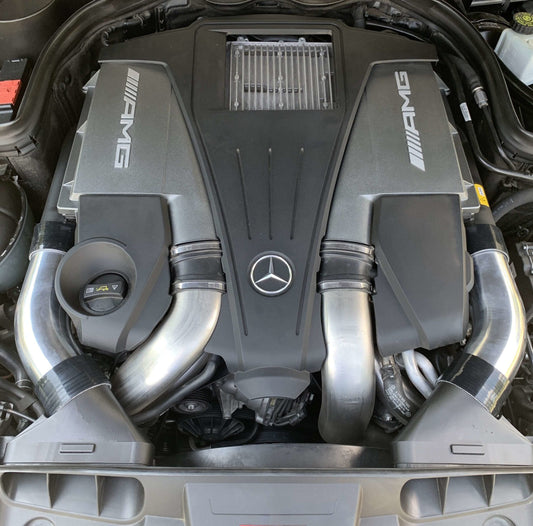 Mercedes-Benz AMG M278 engine with aluminum intake tubes installed – performance airflow upgrade for W212 W218 platforms