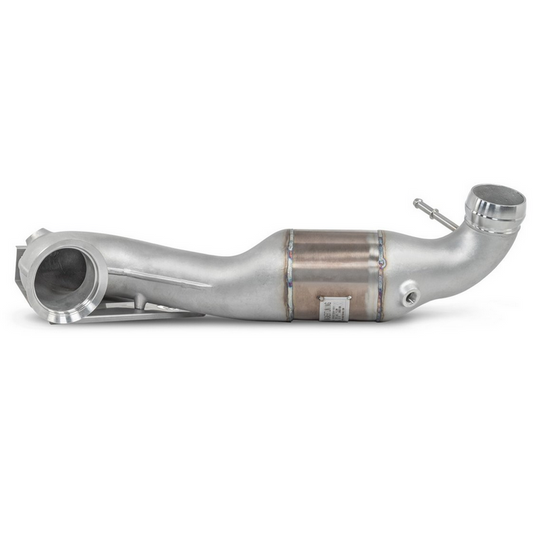 Wagner Tuning 200 CPSI catted downpipe kit for Mercedes-AMG CLA45 C117 and GLA45 X156, SS304 stainless with a 200-cell metal racing cat