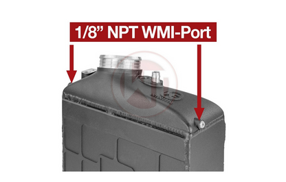 Close-up of 1/8" NPT WMI (water-methanol injection) ports on upper end tank of Wagner Tuning intercooler for Mercedes 43 AMG